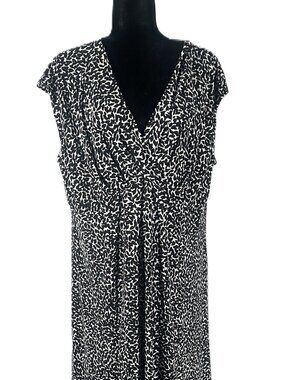 Jones New York 20W Black White Print Midi Dress Surplice Neck Cap Sleeve Knit